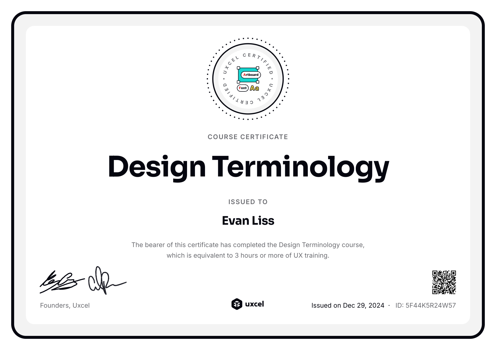 Evan Liss's certificate